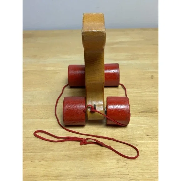 Vintage Steiff Wooden Dog Dachshund on Red Wheels with ID And Pull String